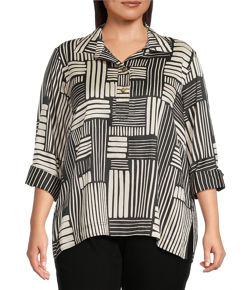 Ali Miles Plus Size Woven Abstract Stripe Square Print Point Collar 3/4 Cuff Sleeve Tunic