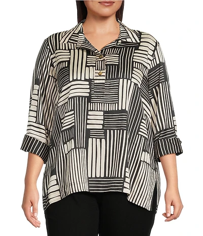 Ali Miles Plus Size Woven Abstract Stripe Square Print Point Collar 3/4 Cuff Sleeve Tunic