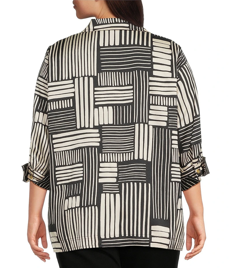 Ali Miles Plus Size Woven Abstract Stripe Square Print Point Collar 3/4 Cuff Sleeve Tunic
