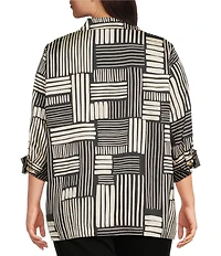 Ali Miles Plus Size Woven Abstract Stripe Square Print Point Collar 3/4 Cuff Sleeve Tunic