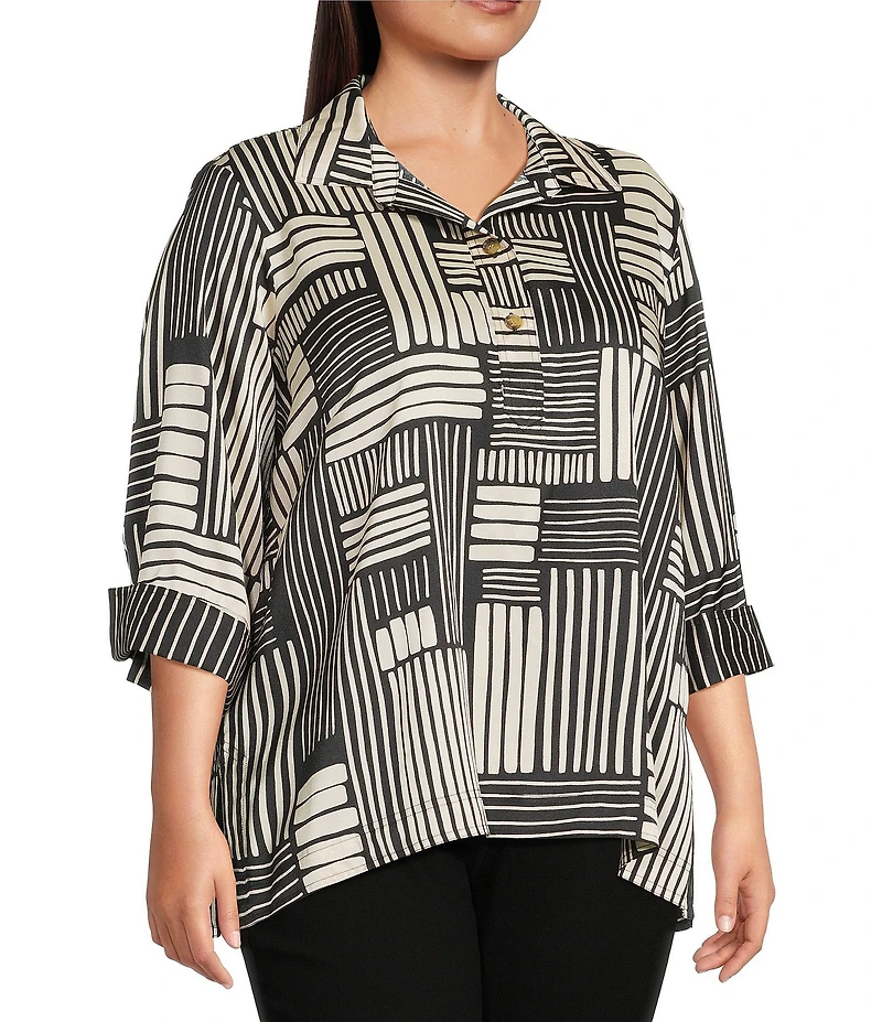 Ali Miles Plus Size Woven Abstract Stripe Square Print Point Collar 3/4 Cuff Sleeve Tunic