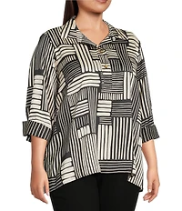 Ali Miles Plus Size Woven Abstract Stripe Square Print Point Collar 3/4 Cuff Sleeve Tunic