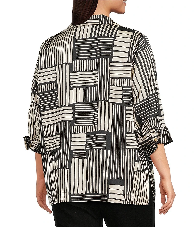 Ali Miles Plus Size Woven Abstract Stripe Square Print Point Collar 3/4 Cuff Sleeve Tunic