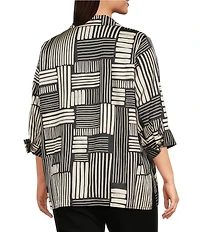 Ali Miles Plus Size Woven Abstract Stripe Square Print Point Collar 3/4 Cuff Sleeve Tunic