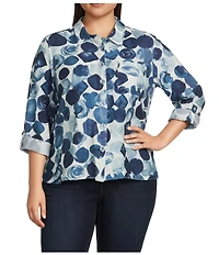 Ali Miles Plus Size Woven All Over Dot Print Point Collar 3/4 Roll-Tab Sleeve Button-Front Tunic