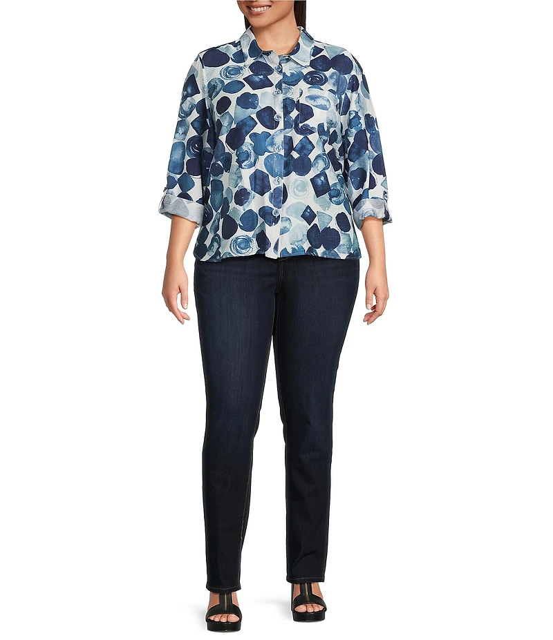 Ali Miles Plus Size Woven All Over Dot Print Point Collar 3/4 Roll-Tab Sleeve Button-Front Tunic