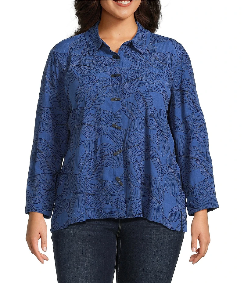 Ali Miles Plus Size Woven Allover Floral Embroidered Point Collar Long Sleeve Button Front Tunic