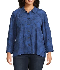 Ali Miles Plus Size Woven Allover Floral Embroidered Point Collar Long Sleeve Button Front Tunic