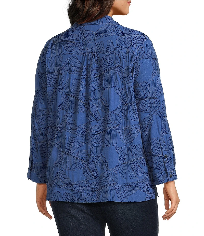 Ali Miles Plus Size Woven Allover Floral Embroidered Point Collar Long Sleeve Button Front Tunic
