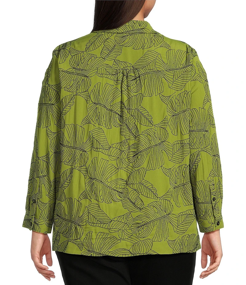 Ali Miles Plus Size Woven Allover Floral Embroidered Point Collar Long Sleeve Button Front Tunic