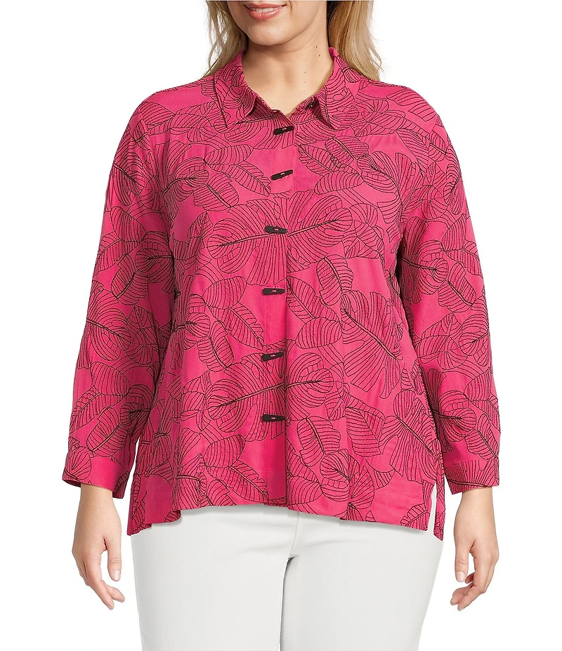 Ali Miles Plus Size Woven Allover Floral Embroidered Point Collar Long Sleeve Button Front Tunic