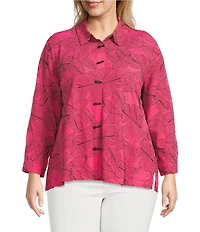 Ali Miles Plus Size Woven Allover Floral Embroidered Point Collar Long Sleeve Button Front Tunic