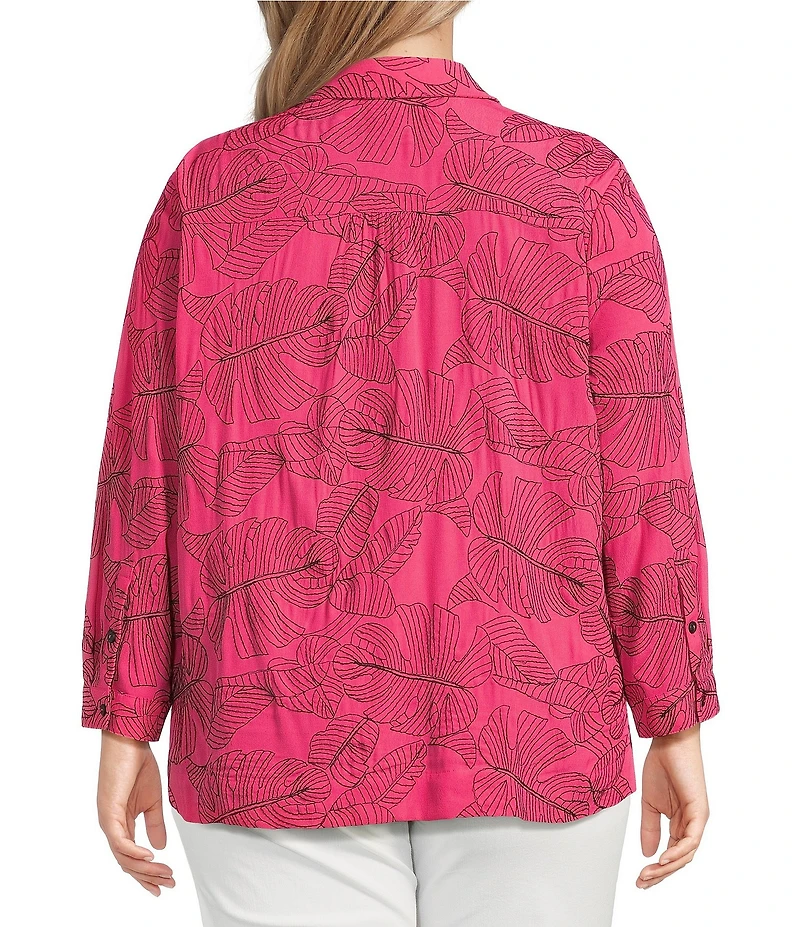 Ali Miles Plus Size Woven Allover Floral Embroidered Point Collar Long Sleeve Button Front Tunic