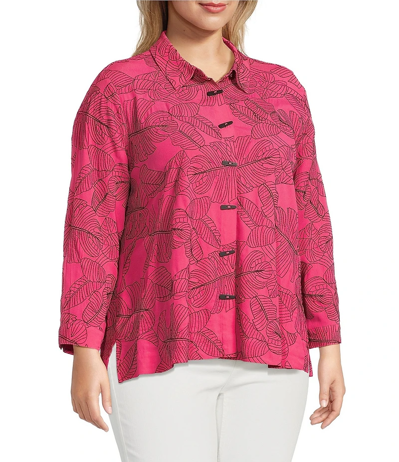 Ali Miles Plus Size Woven Allover Floral Embroidered Point Collar Long Sleeve Button Front Tunic