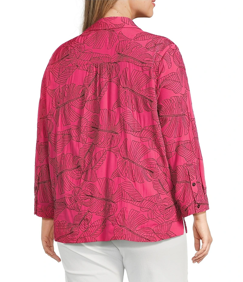 Ali Miles Plus Size Woven Allover Floral Embroidered Point Collar Long Sleeve Button Front Tunic