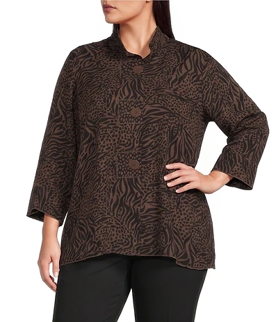 Ali Miles Plus Size Woven Animal Dotted Print Wire Collar 3/4 Sleeve Button-Front Tunic