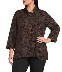Ali Miles Plus Size Woven Animal Dotted Print Wire Collar 3/4 Sleeve Button-Front Tunic
