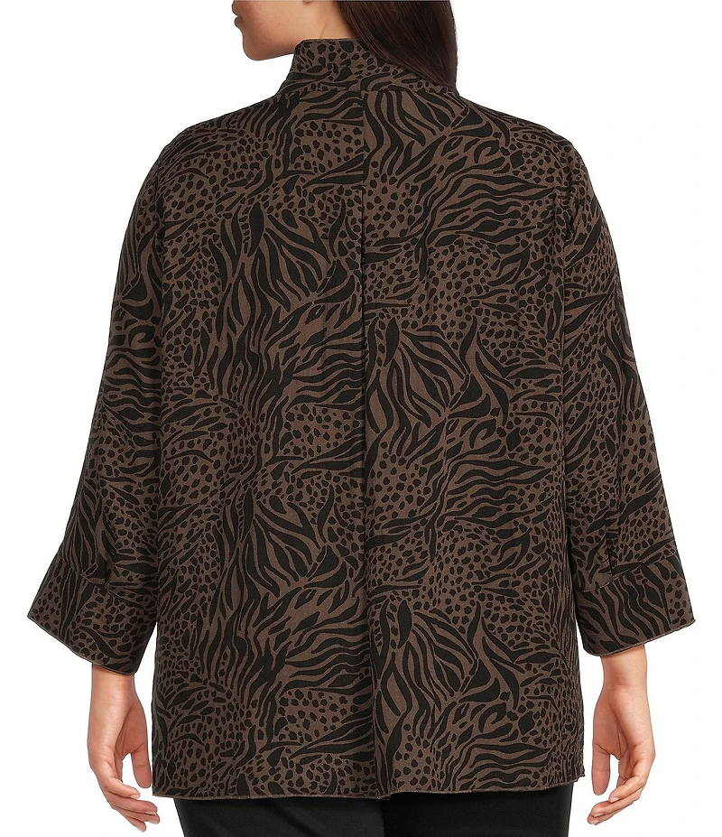 Ali Miles Plus Size Woven Animal Dotted Print Wire Collar 3/4 Sleeve Button-Front Tunic