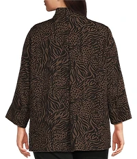 Ali Miles Plus Size Woven Animal Dotted Print Wire Collar 3/4 Sleeve Button-Front Tunic