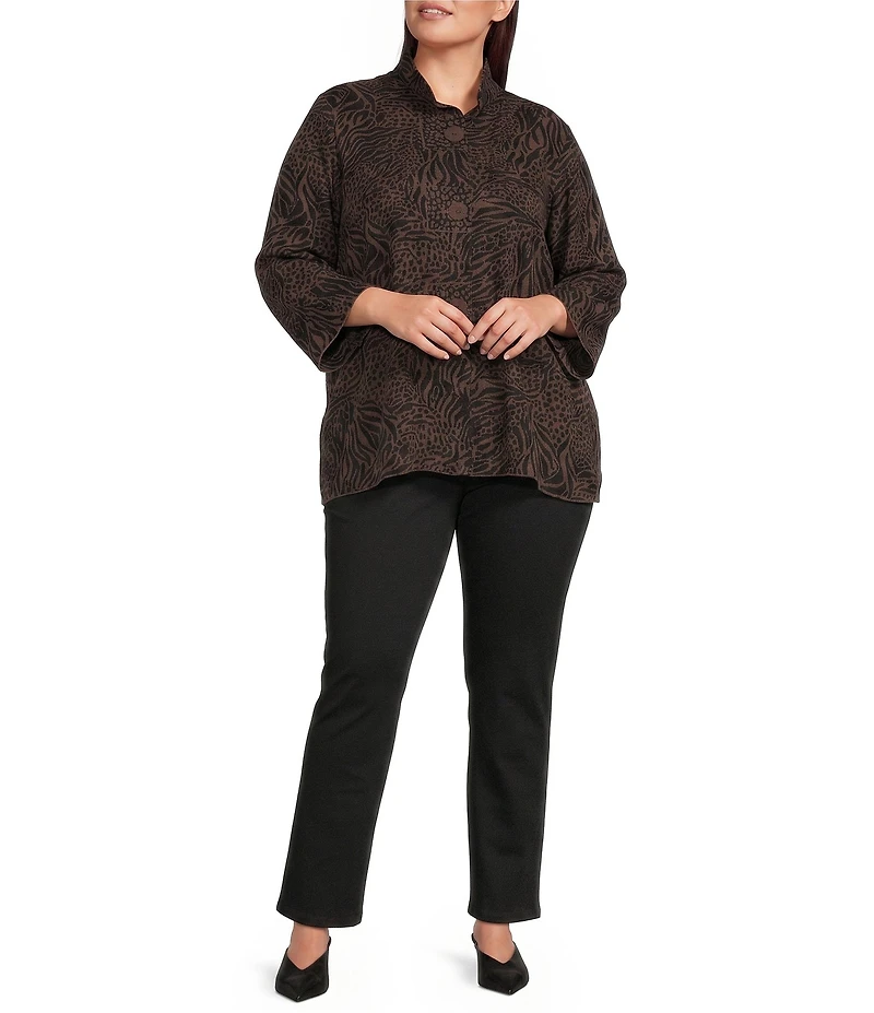 Ali Miles Plus Size Woven Animal Dotted Print Wire Collar 3/4 Sleeve Button-Front Tunic