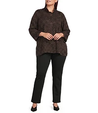 Ali Miles Plus Size Woven Animal Dotted Print Wire Collar 3/4 Sleeve Button-Front Tunic