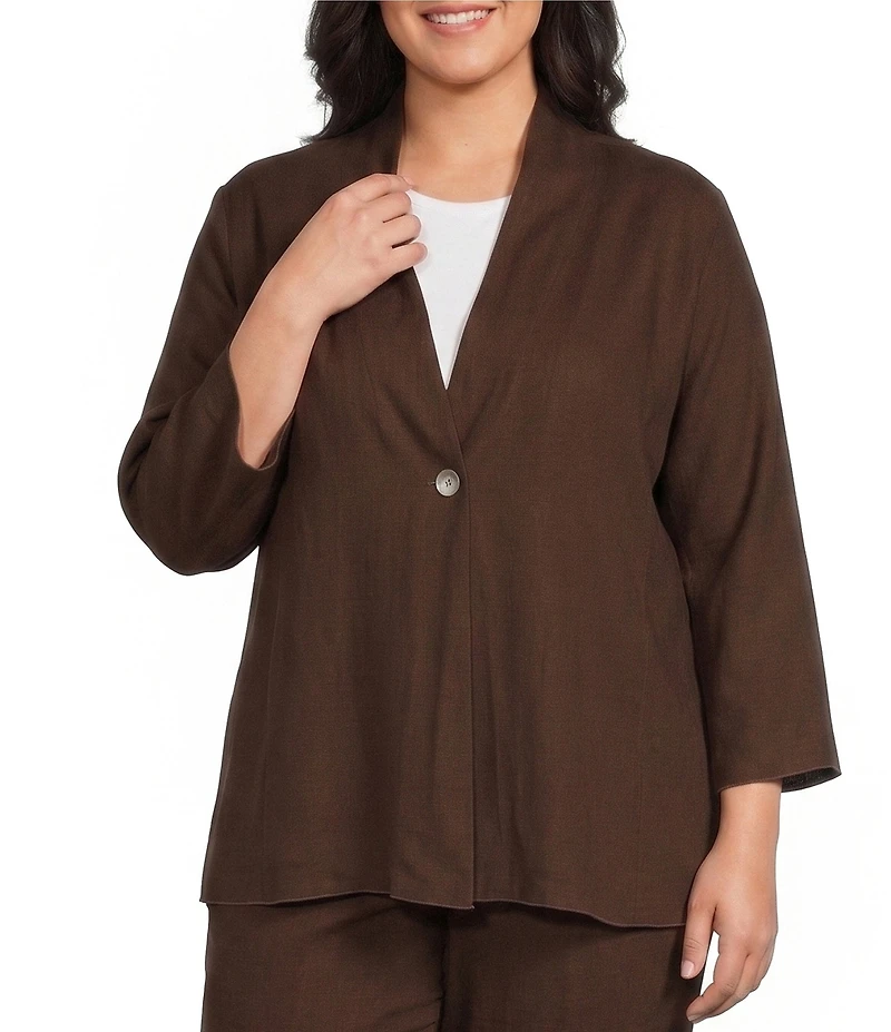 Ali Miles Plus Size Woven Band Collar 3/4 Sleeve Singe Button Front Jacket