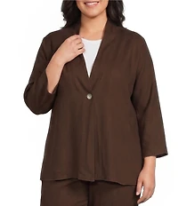 Ali Miles Plus Size Woven Band Collar 3/4 Sleeve Singe Button Front Jacket