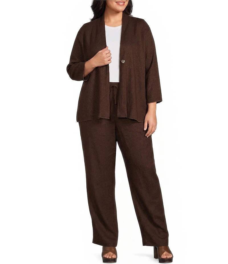 Ali Miles Plus Size Woven Band Collar 3/4 Sleeve Singe Button Front Jacket