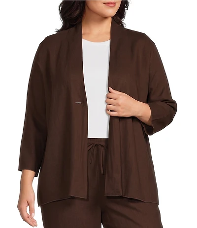 Ali Miles Plus Size Woven Band Collar 3/4 Sleeve Singe Button Front Jacket