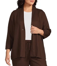 Ali Miles Plus Size Woven Band Collar 3/4 Sleeve Singe Button Front Jacket