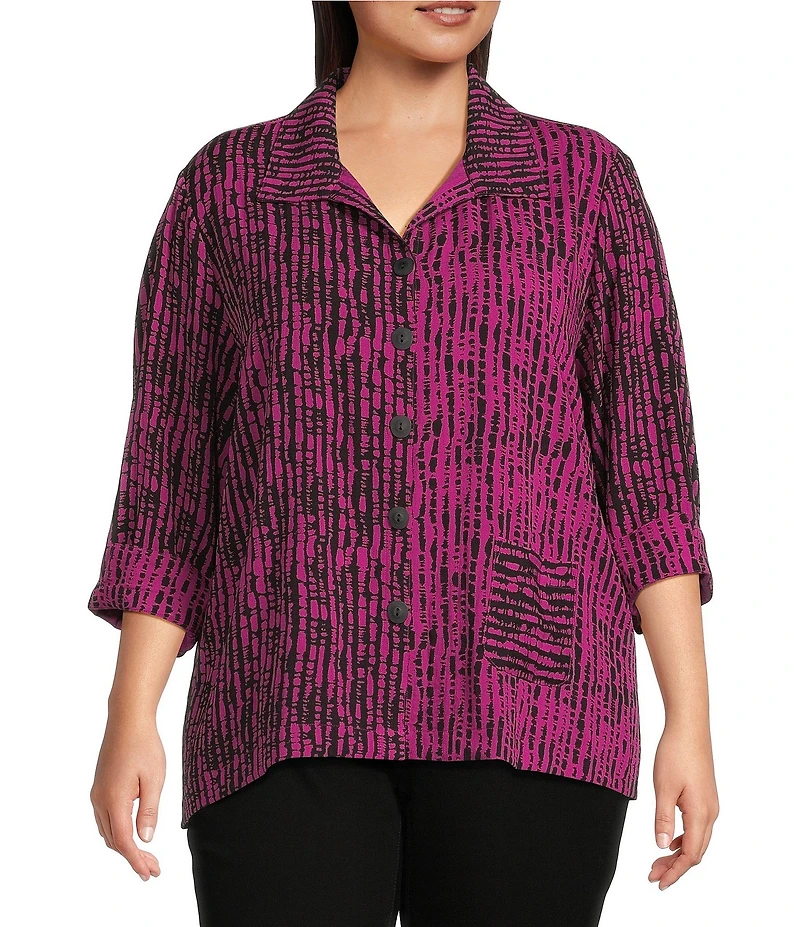 Ali Miles Plus Size Woven Black Stroke Print Point Collar 3/4 Sleeve Button Front Tunic
