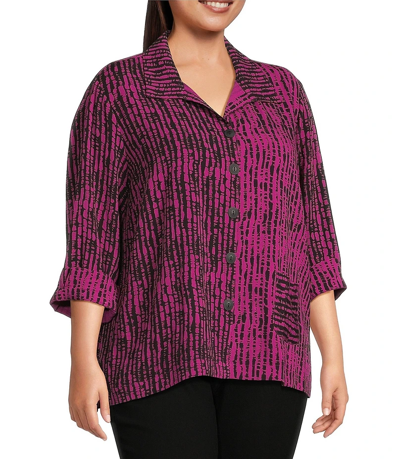 Ali Miles Plus Size Woven Black Stroke Print Point Collar 3/4 Sleeve Button Front Tunic