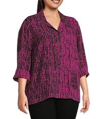 Ali Miles Plus Size Woven Black Stroke Print Point Collar 3/4 Sleeve Button Front Tunic