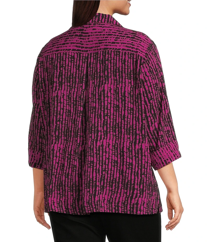 Ali Miles Plus Size Woven Black Stroke Print Point Collar 3/4 Sleeve Button Front Tunic