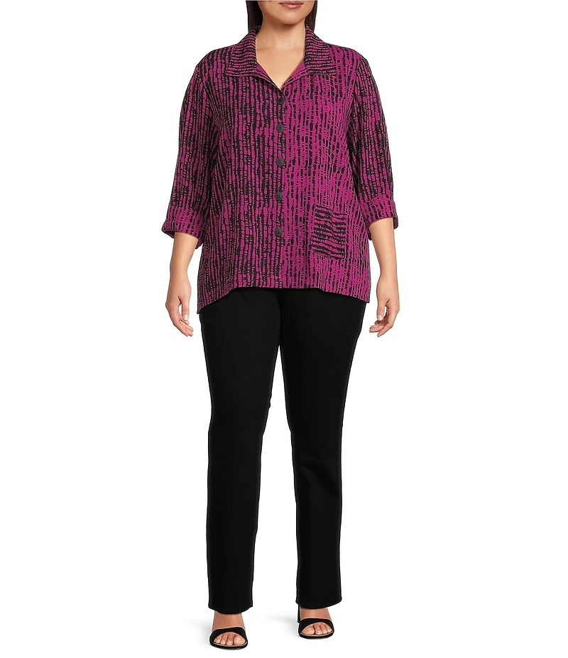 Ali Miles Plus Size Woven Black Stroke Print Point Collar 3/4 Sleeve Button Front Tunic