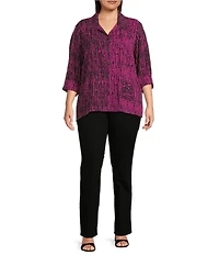 Ali Miles Plus Size Woven Black Stroke Print Point Collar 3/4 Sleeve Button Front Tunic