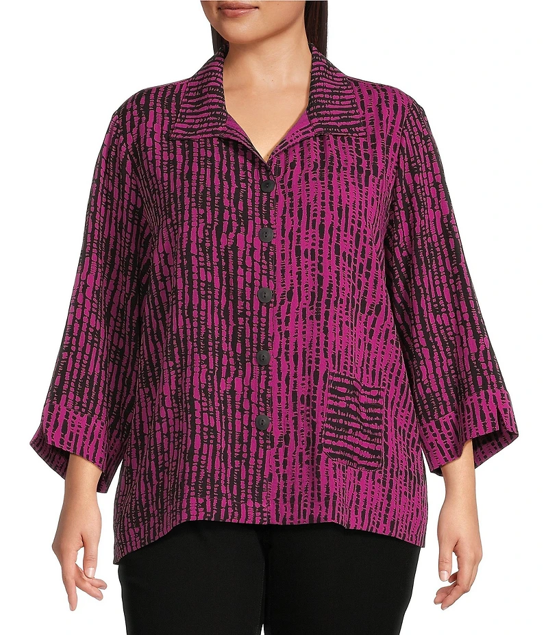 Ali Miles Plus Size Woven Black Stroke Print Point Collar 3/4 Sleeve Button Front Tunic