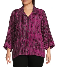Ali Miles Plus Size Woven Black Stroke Print Point Collar 3/4 Sleeve Button Front Tunic
