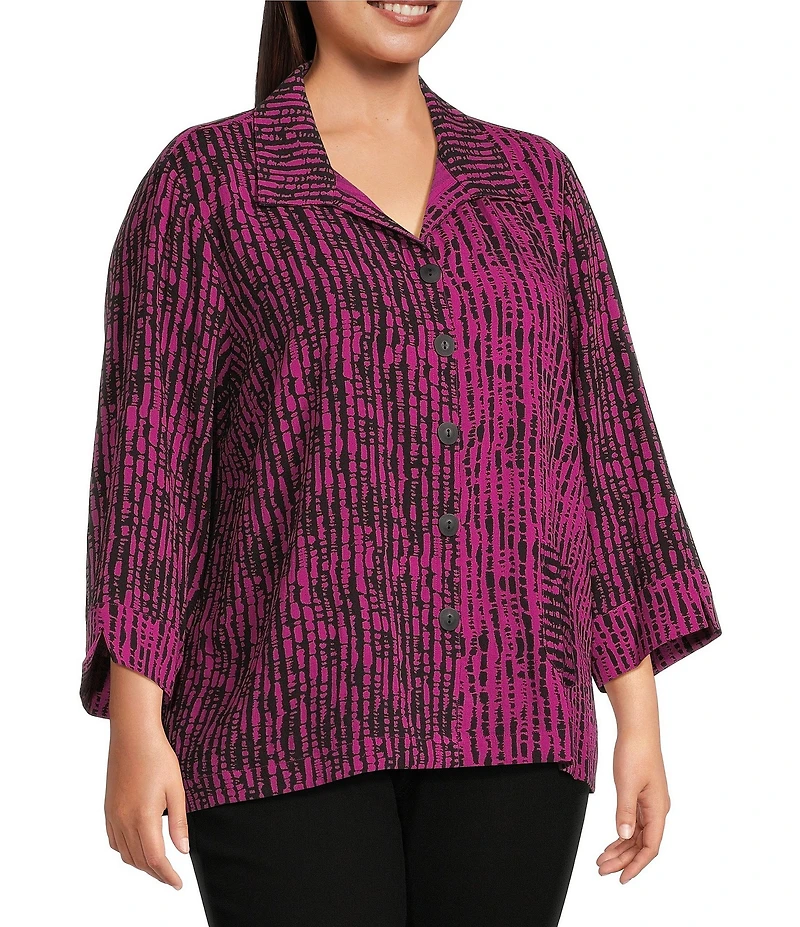 Ali Miles Plus Size Woven Black Stroke Print Point Collar 3/4 Sleeve Button Front Tunic