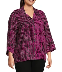 Ali Miles Plus Size Woven Black Stroke Print Point Collar 3/4 Sleeve Button Front Tunic