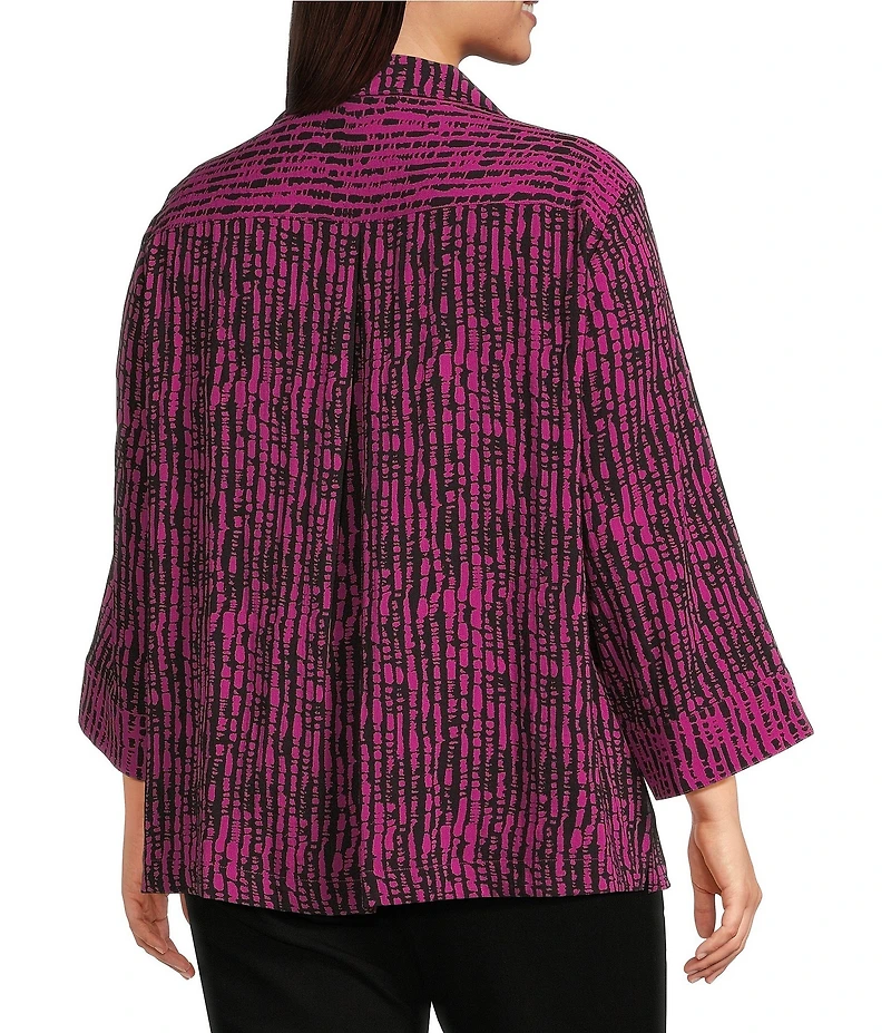 Ali Miles Plus Size Woven Black Stroke Print Point Collar 3/4 Sleeve Button Front Tunic