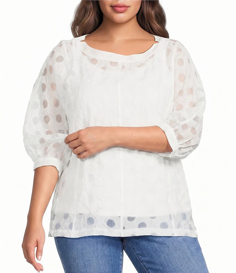 Ali Miles Plus Size Woven Burnout Dot Round Neck 3/4 Cuffed Sleeve Popover Top