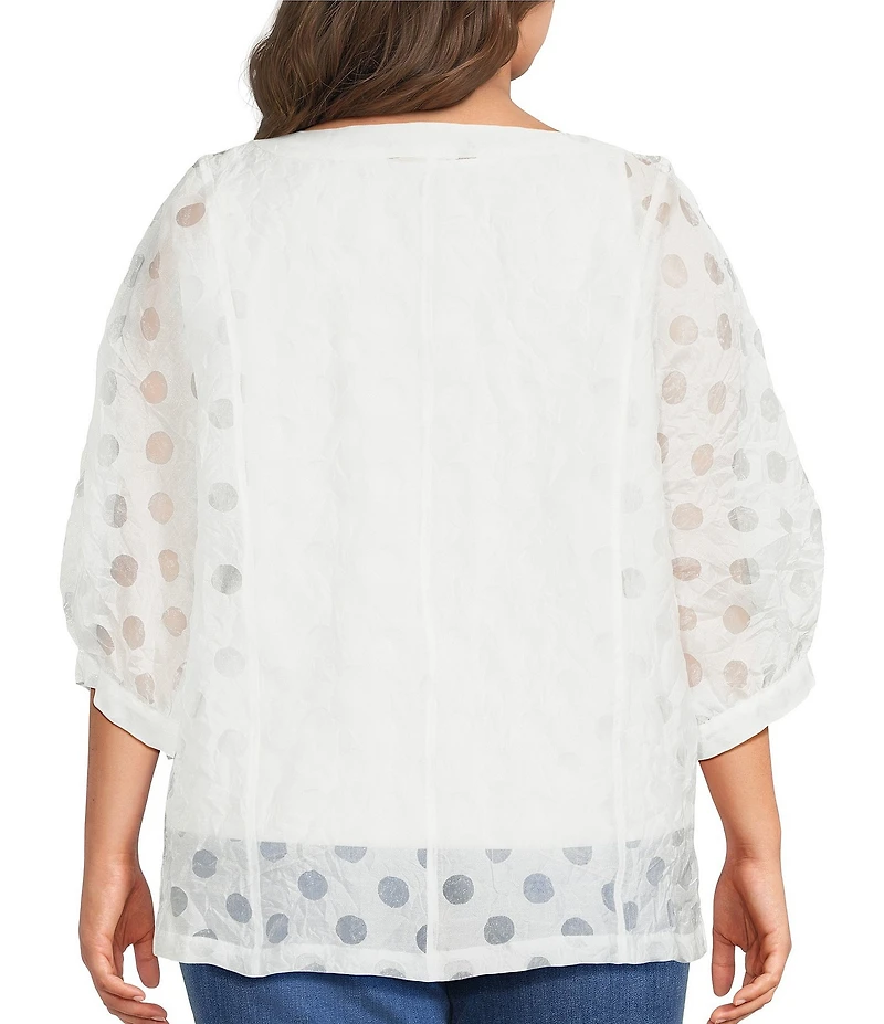 Ali Miles Plus Size Woven Burnout Dot Round Neck 3/4 Cuffed Sleeve Popover Top