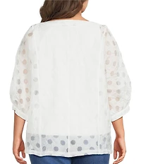 Ali Miles Plus Size Woven Burnout Dot Round Neck 3/4 Cuffed Sleeve Popover Top