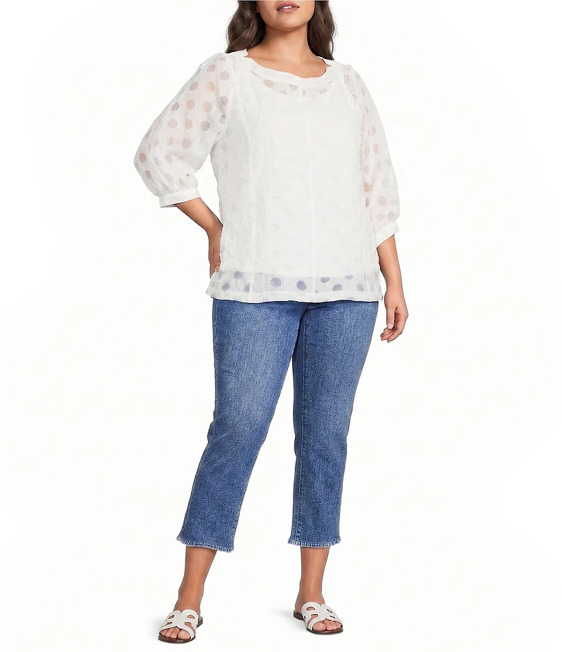 Ali Miles Plus Size Woven Burnout Dot Round Neck 3/4 Cuffed Sleeve Popover Top