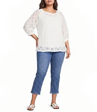 Ali Miles Plus Size Woven Burnout Dot Round Neck 3/4 Cuffed Sleeve Popover Top