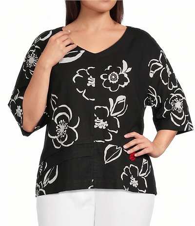 Ali Miles Plus Size Woven Contrast Floral Side V-Neck Elbow Sleeve Popover Top
