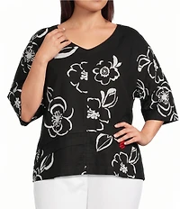 Ali Miles Plus Size Woven Contrast Floral Side V-Neck Elbow Sleeve Popover Top
