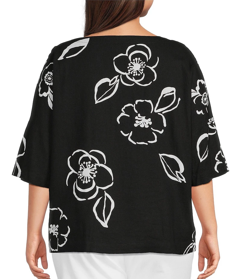 Ali Miles Plus Size Woven Contrast Floral Side V-Neck Elbow Sleeve Popover Top