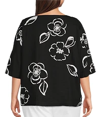 Ali Miles Plus Size Woven Contrast Floral Side V-Neck Elbow Sleeve Popover Top